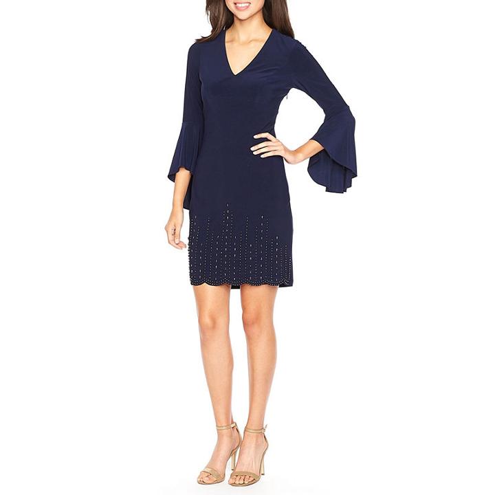 Dj Jaz 3/4 Sleeve Beaded Bell Sleeve Sheath Dress