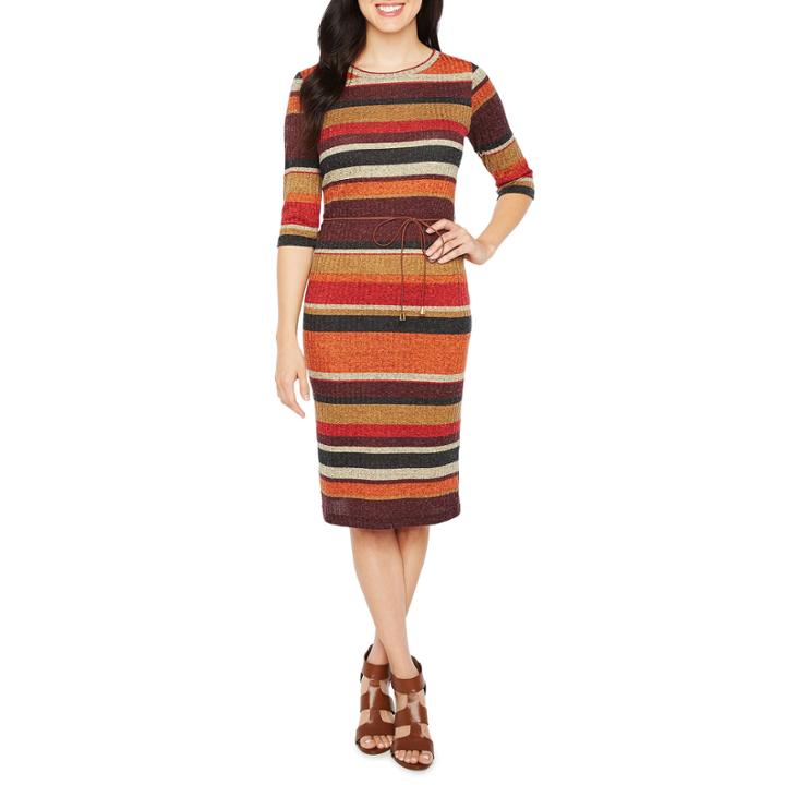 Emma And Michele Elbow Sleeve Stripe Fit & Flare Dress