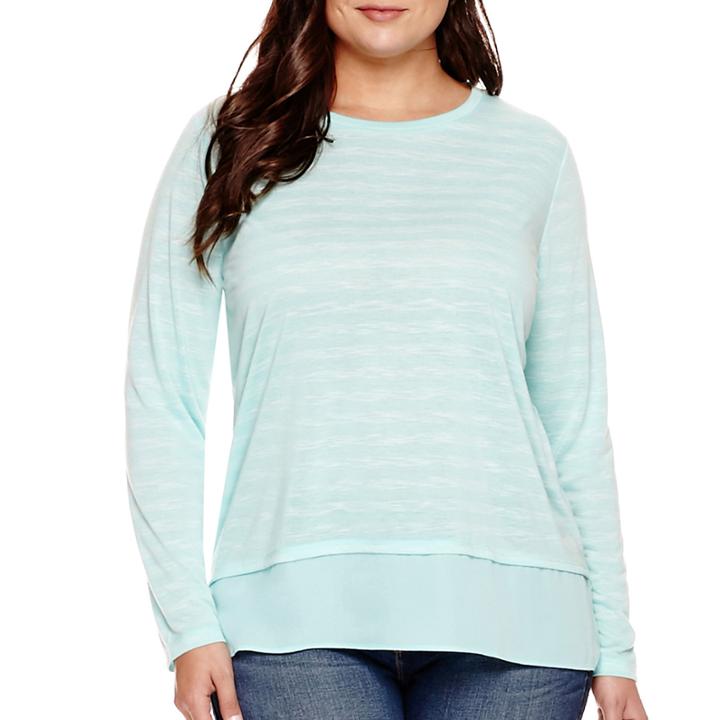 Stylus&trade; Long-sleeve Shadow-striped Top With High-low Chiffon Hem - Plus