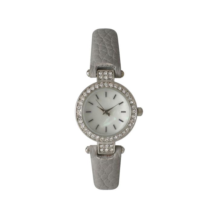 Olivia Pratt Womens Rhinestone Bezel Petite Gray Leather Watch 14829