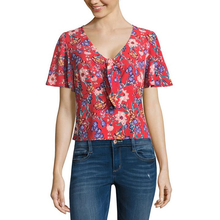 Rewind Short Sleeve V Neck Woven Blouse-juniors