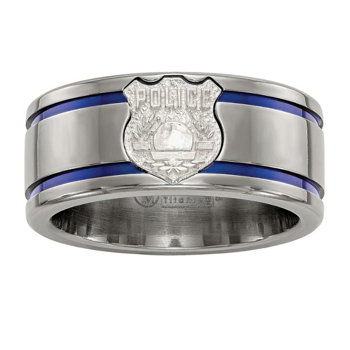 Edward Mirell Mens Titanium & Sterling Silver Police Shield Tag Wedding Band