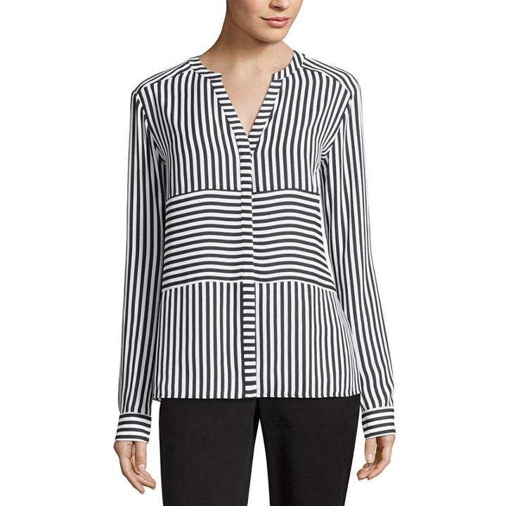 Worthington Long Sleeve Collar Neck Stripe Blouse-tall