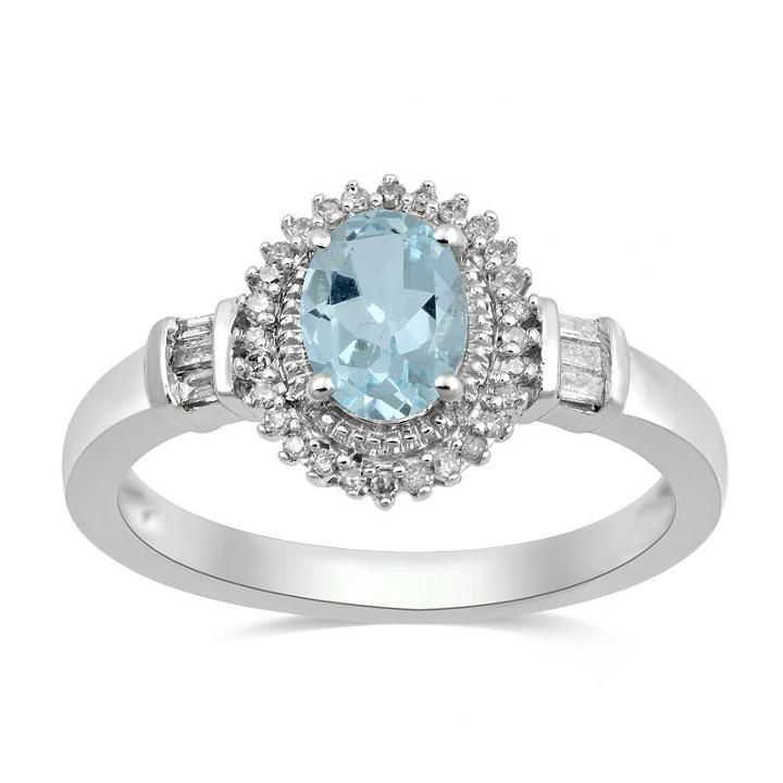 Womens Genuine Aquamarine Blue 10k White Gold Cocktail Ring