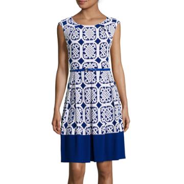 Tiana B. Cap-sleeve Geo-puff-print Belted Fit-and-flare Dress