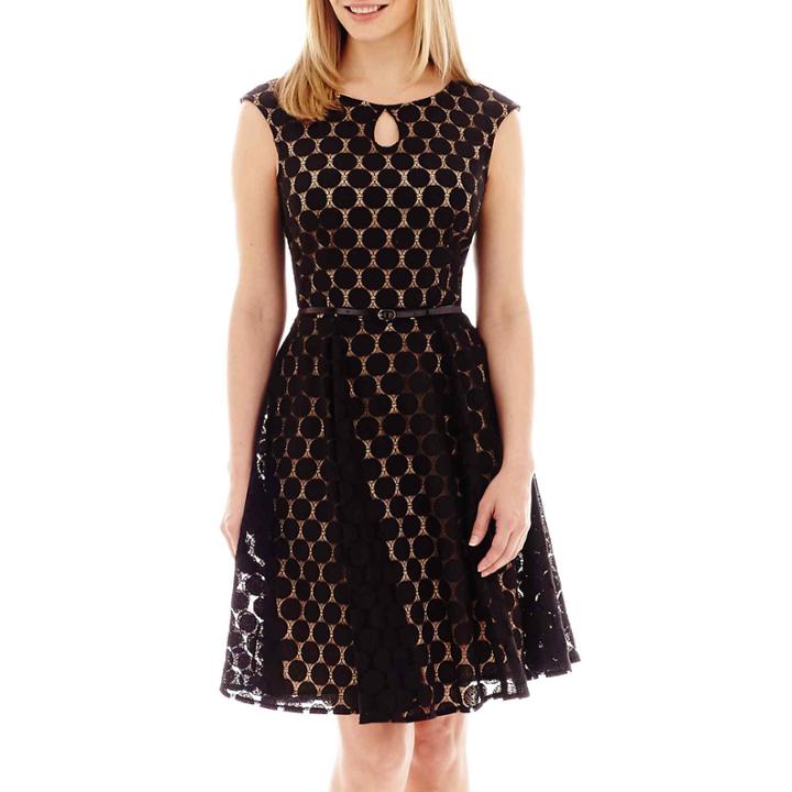 London Style Collection Sleeveless Belted Dot-mesh Fit-and-flare Dress - Petite
