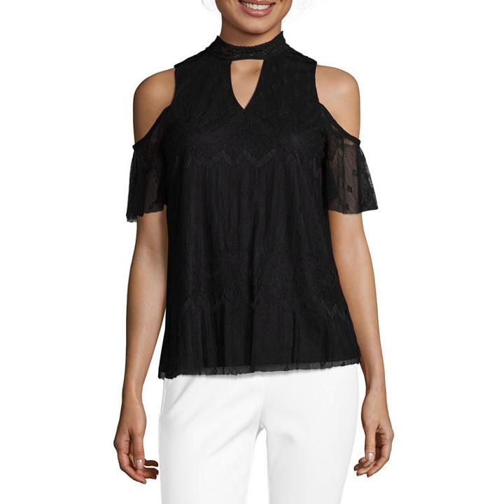 By & By Short Sleeve High Neck Lace Lace Blouse-juniors