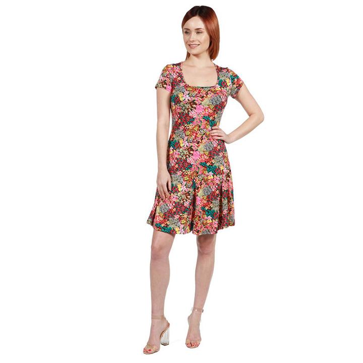 24seven Comfort Apparel Margaret Pink Floral Fit And Flare Mini Dress