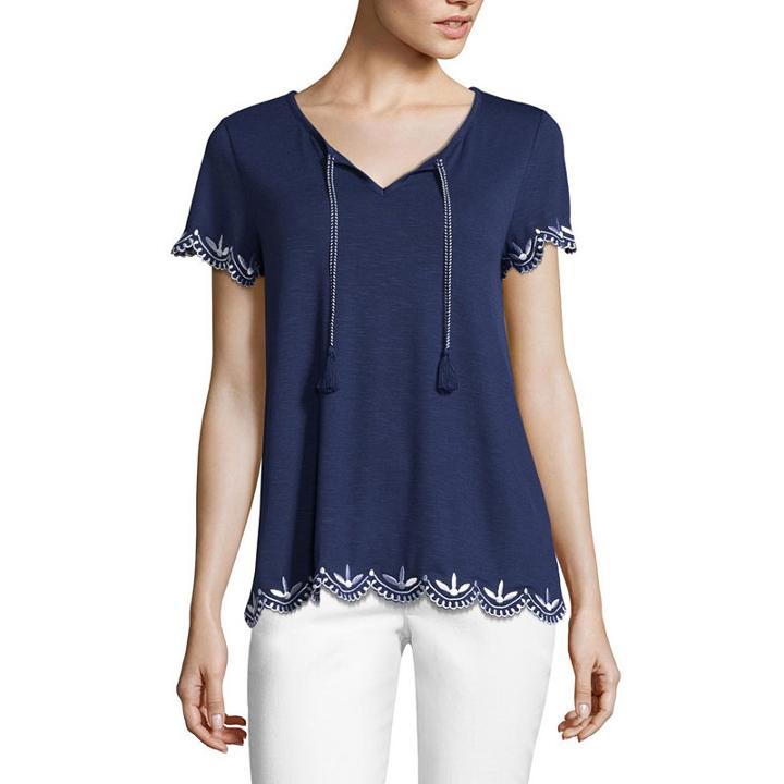 Liz Claiborne Short Sleeve Scalloped Hem Embroidered T-shirt-womens