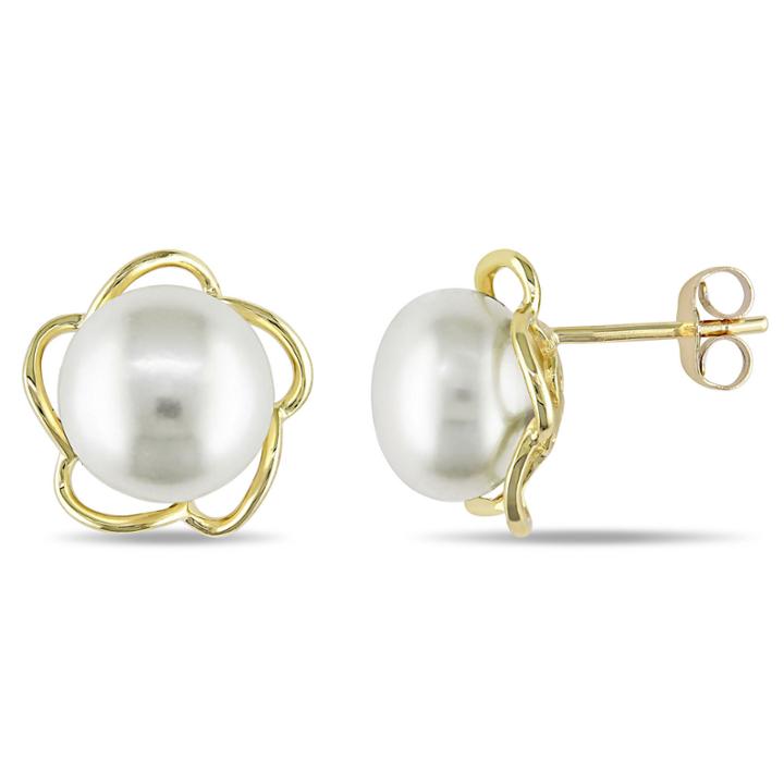 White Freshwater Cultured Pearl Yellow Gold Earrings