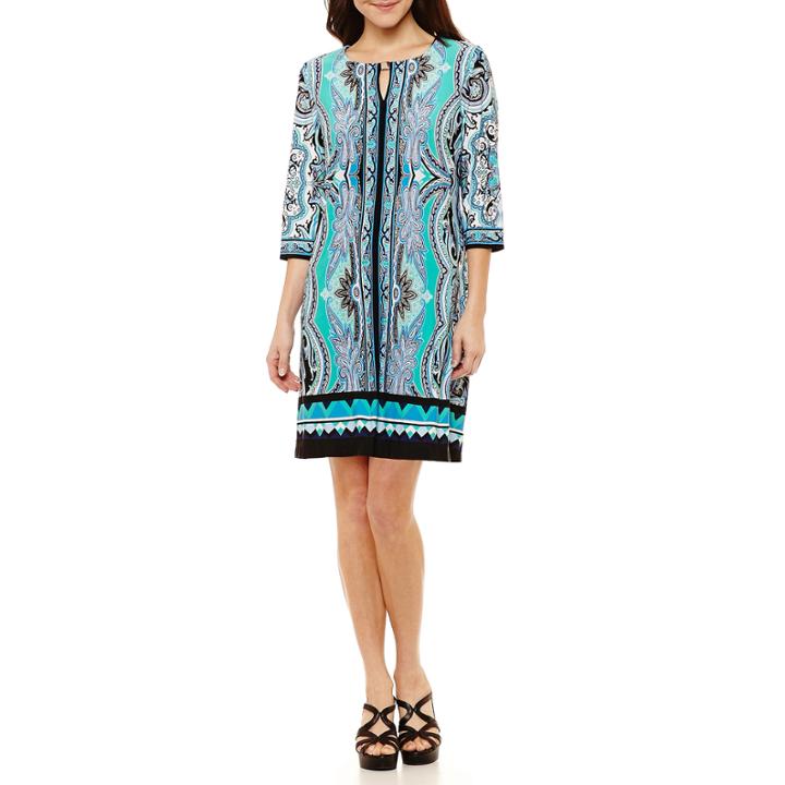 Studio 1 3/4 Sleeve Jacobean Shift Dress-petites