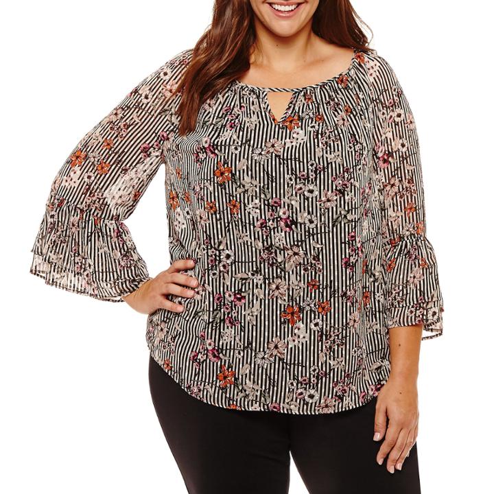 Alyx 3/4 Sleeve Round Neck Woven Stripe Blouse-plus