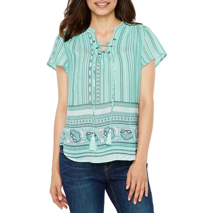 St. John's Bay Short Sleeve V Neck Blouse-petites