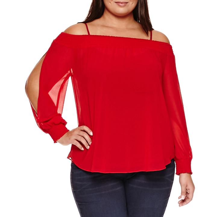 Bisou Bisou Long Sleeve Smocked Off The Shoulder Blouse-plus