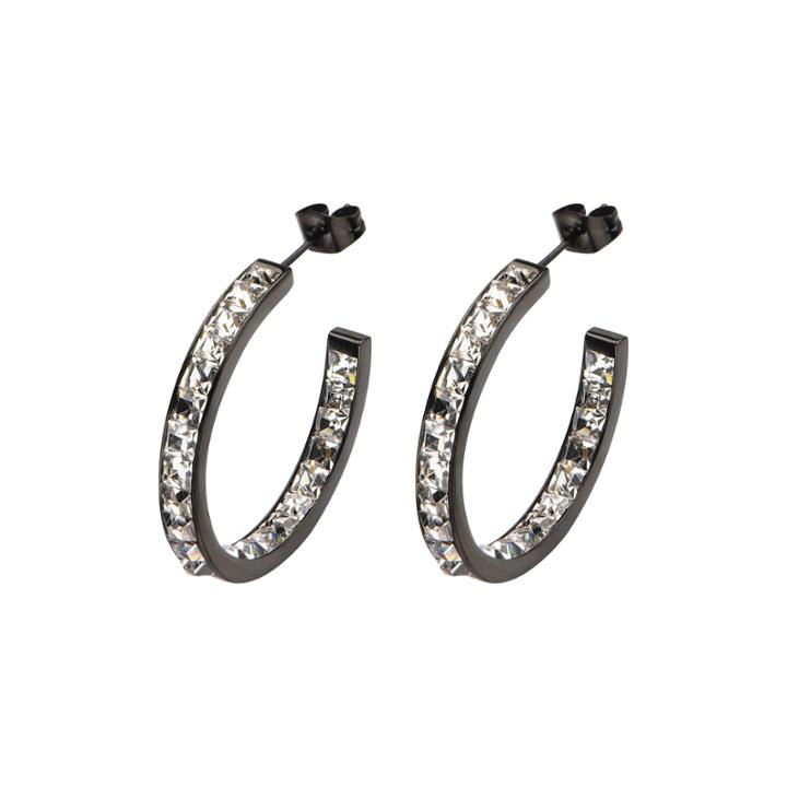 Stainless Steel And Black Ip Crystal In-out Hoop Earrings