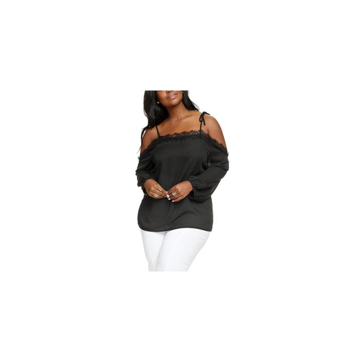 Fashion To Figure Lady Love Cold Shoulder Lace Trim Woven Blouse-plus