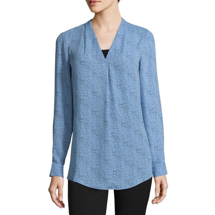 Worthington Long Sleeve V Neck Woven Pattern Blouse