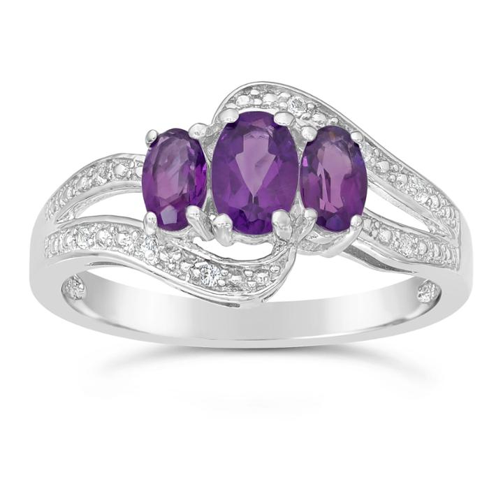 Womens Genuine Purple Amethyst Sterling Silver 3-stone Ring