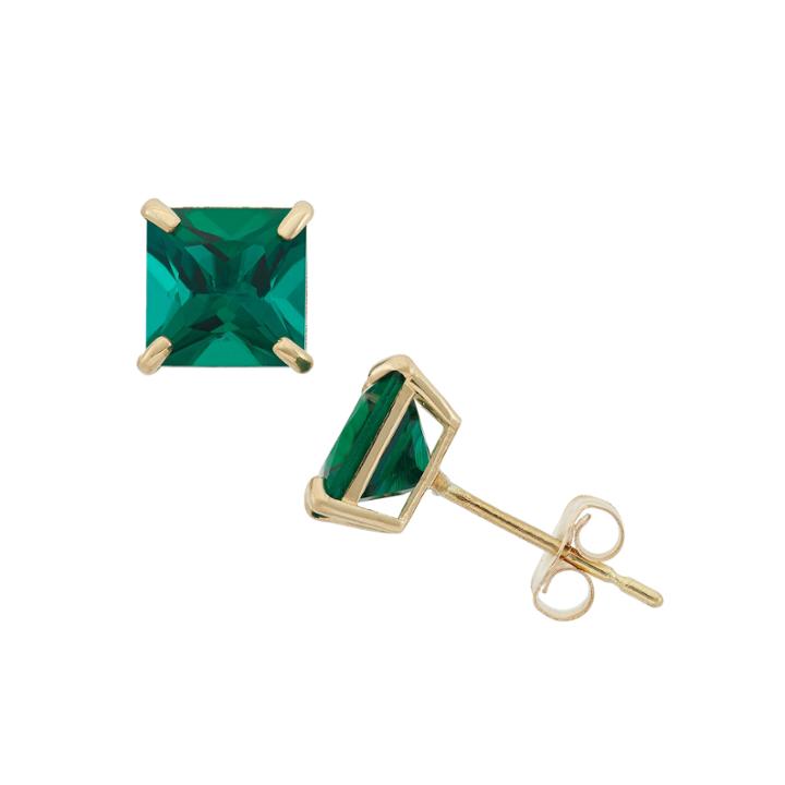Princess Green Emerald 10k Gold Stud Earrings