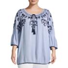 3/4 Sleeve Embroidered Peasant Blouse-plus