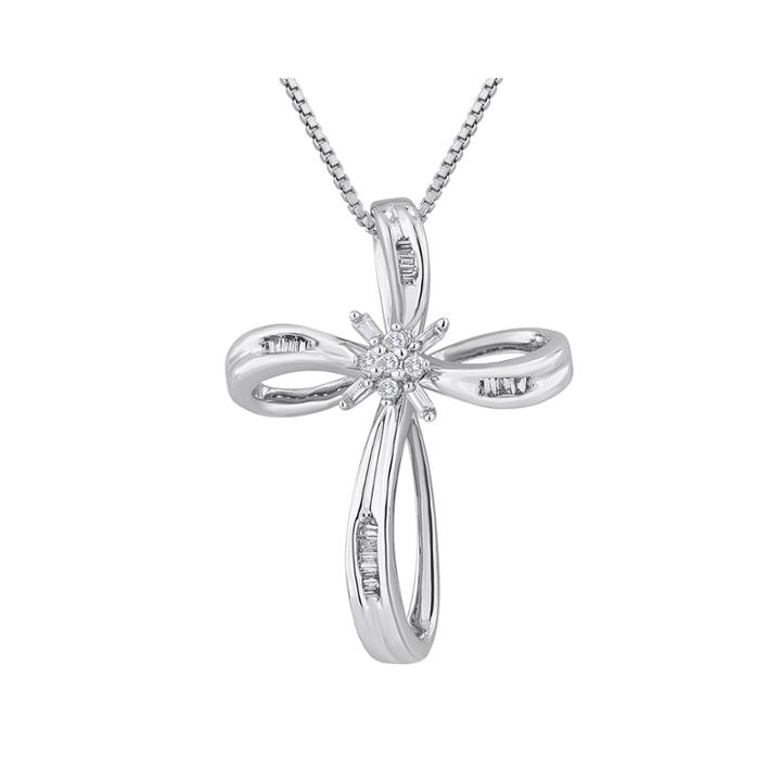 1/10 Ct. T.w. Diamond Sterling Silver Ribbon-style Cross Pendant Necklace