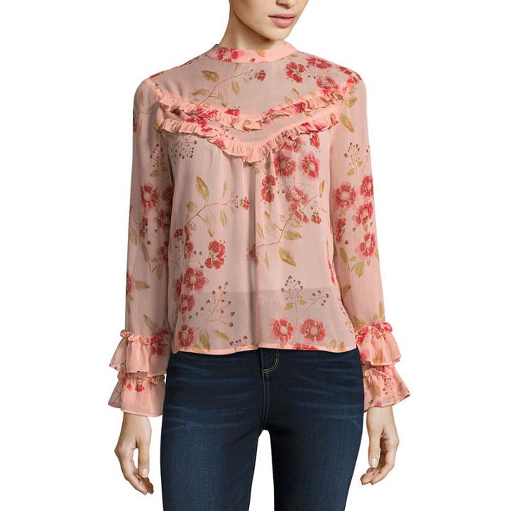 Arizona Long Sleeve High Neck Chiffon Blouse-juniors
