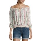 Arizona Long Sleeve Crepe Floral Blouse-juniors