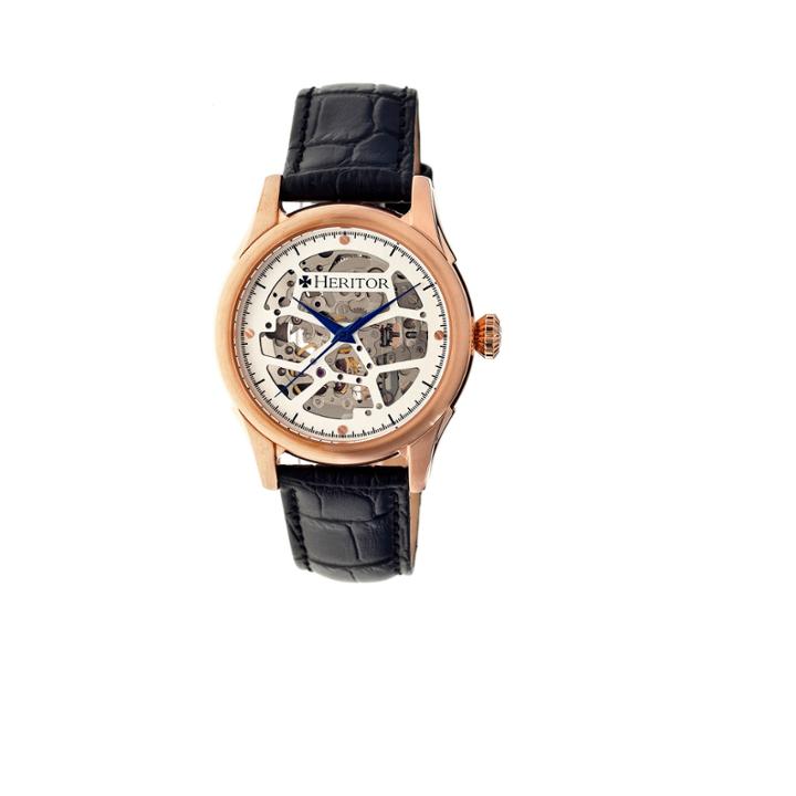 Heritor Automatic Nicollier Mens Skeleton Dial Leather-rose Gold/black Watches
