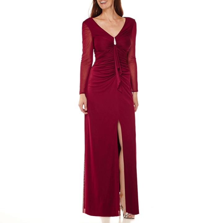 Blu Sage Long-sleeve Rhinestone-trim Shirred-waist Formal Gown