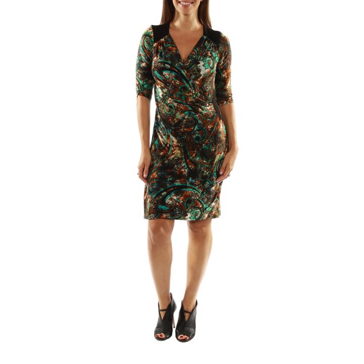 24/7 Comfort Apparel Peacock Pretty And Brilliant Faux Wrap Dress
