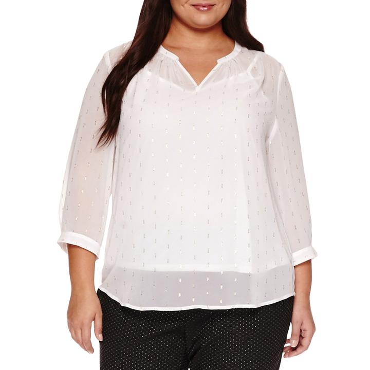 Liz Claiborne 3/4 Sleeve Crew Neck Woven Blouse-plus