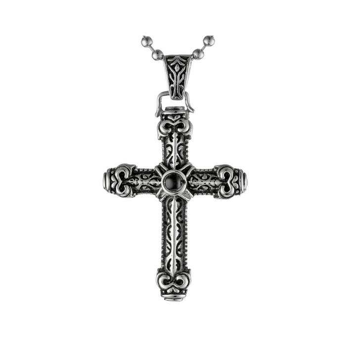 Mens Black Agate Two-tone Stainless Steel Cross Pendant Necklace