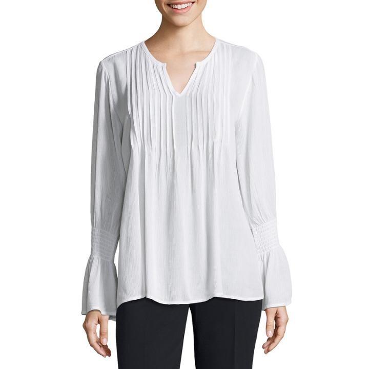 Liz Claiborne Smocked Bell Sleeve Pleated Blouse