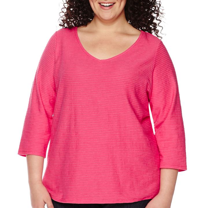 Liz Claiborne 3/4-sleeve V-neck Striped Top - Plus