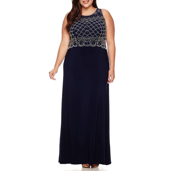 Jackie Jon Sleeveless Caviar-beaded-bodice Long Gown - Plus