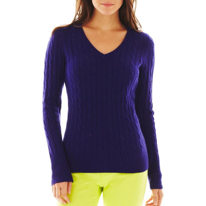 Jcp Wool-blend Cable Knit V-neck Sweater - Talls