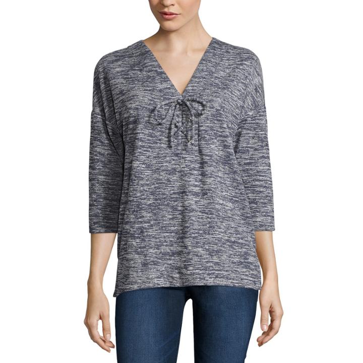 Liz Claiborne Elbow Sleeve Lace-up Sweatshirt-petite