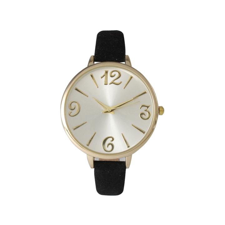 Olivia Pratt Womens Goldtone Bezel Silvertone Dial Black Petite Leather Watch 26357black