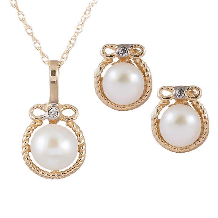 Splendid Pearls Womens 2-pack Diamond Accent Pearl 14k Gold Jewelry Set