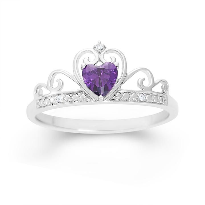 Simulated Heart-shaped Amethyst & Cubic Zirconia Sterling Silver Ring