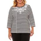 Alfred Dunner Easy Going 3/4 Sleeve V Neck Stripe T-shirt-womens Plus