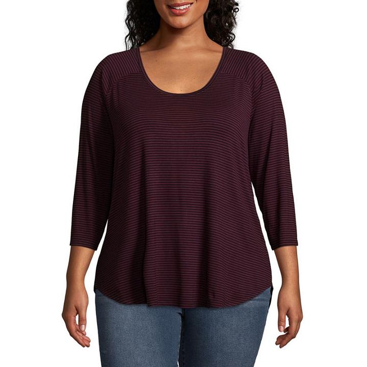 A.n.a 3/4 Sleeve Scoop Neck Stripe T-shirt - Plus