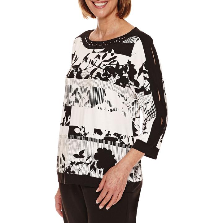 Alfred Dunner Theatre District 3/4 Sleeve Stripe Floral Tee