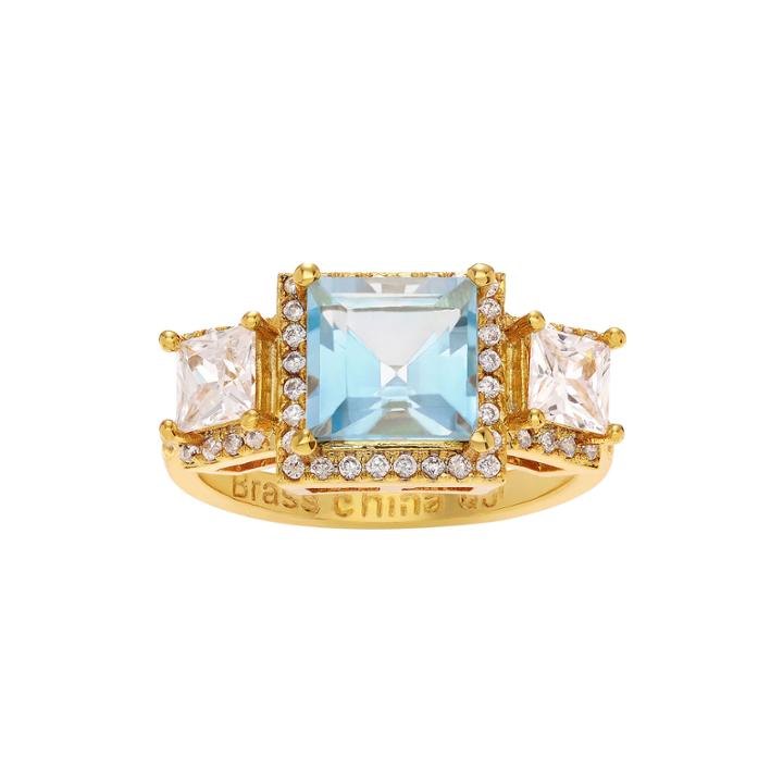 Genuine Blue And White Topaz 14k Yellow Gold Over Brass 3-stone Ring