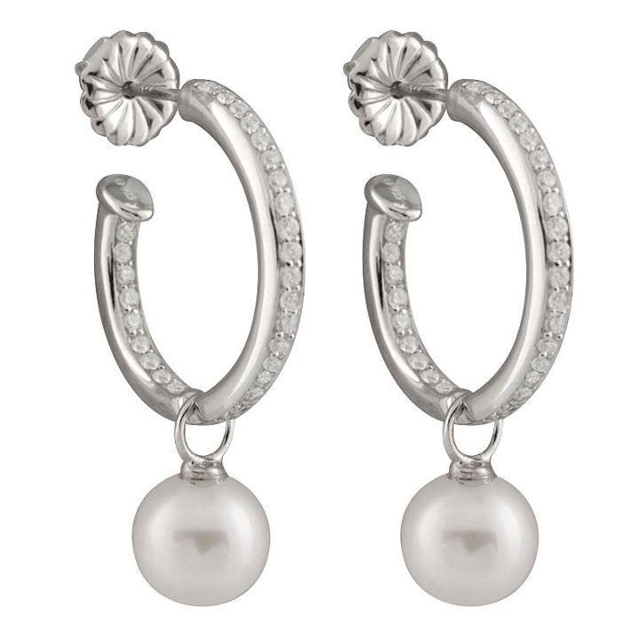 White Cultured Freshwater Pearls Sterling Silver 30mm Hoop Earrings