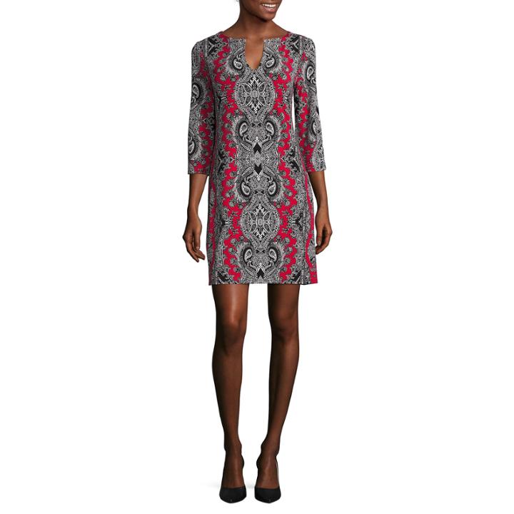 Nicole By Nicole Miller Split-neck Long-sleeve Shift Dress