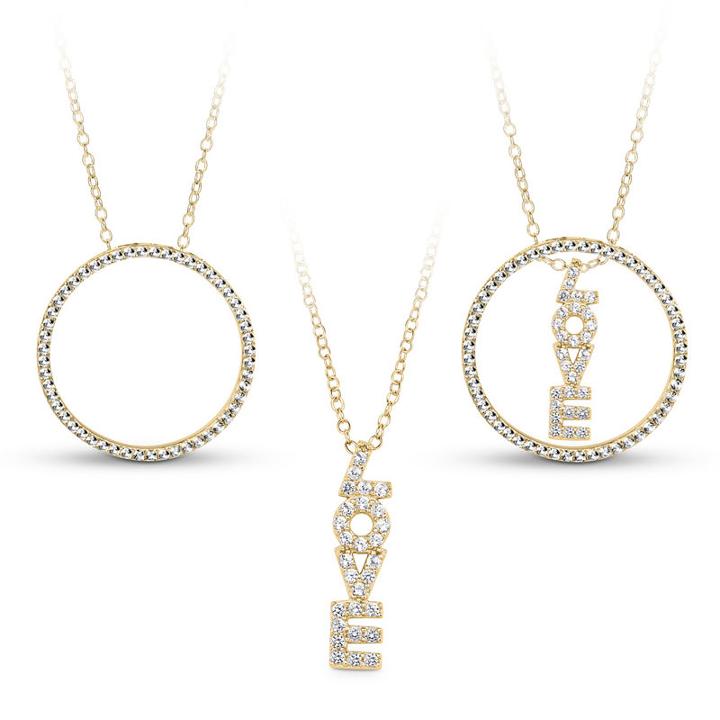 18k Gold Over Silver 3-in-1 Cubic Zirconia Circle Love Necklace