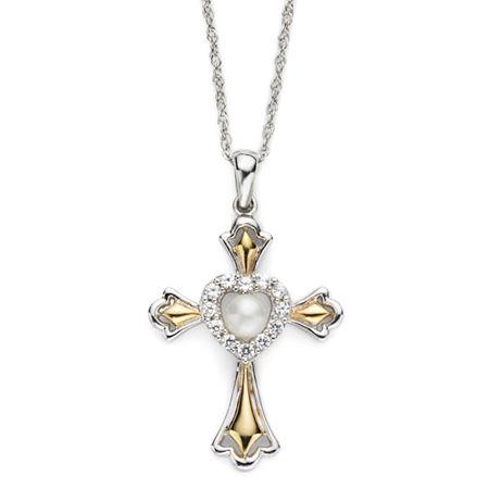 Cultured Freshwater Pearl & Lab-created White Sapphire Cross Pendant Necklace