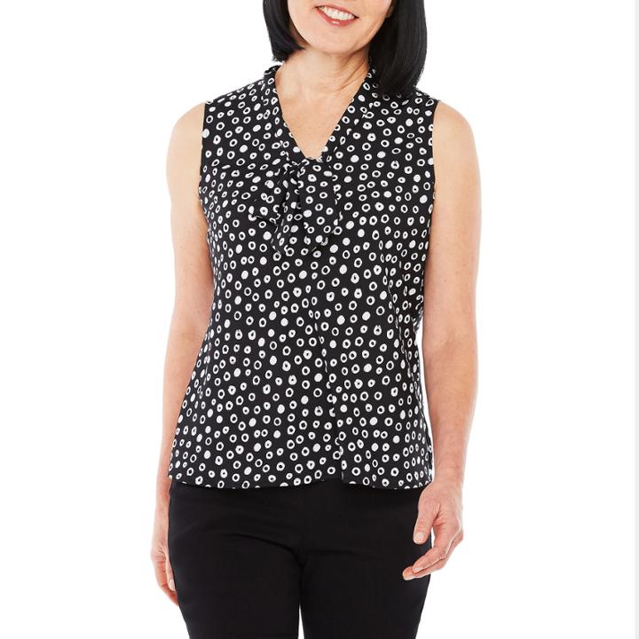 Black Label By Evan-picone Sleeveless V Neck Charmeuse Dots Blouse