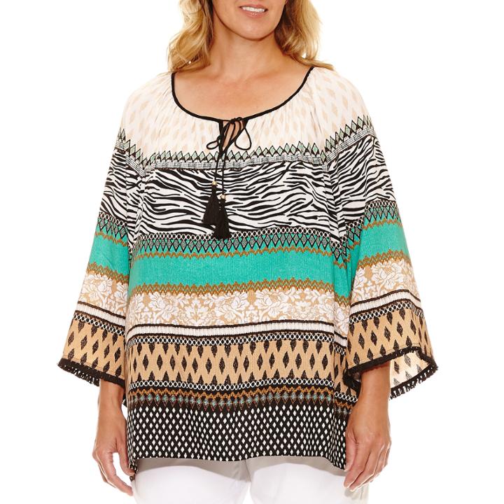 Lark Lane Safari Style 3/4 Sleeve Peasant Blouse- Plus